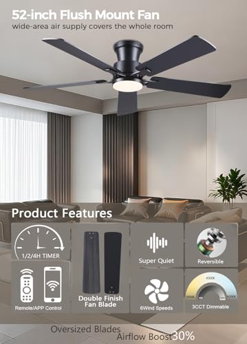 JSAITEE 52Inch Ceiling Fan with Lights and Remotes, Modern Low Profile Flush Mount Ceiling Fans,DC Reversible Motor, 3CCT Dimmable,Noiseless,Dual Finish, Black 6 Speeds Ceiling Fan for Indoor/Outdoor thumbnail 2