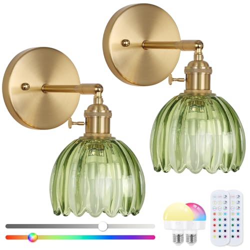 Image of Vintage Wall Sconce Set of Two, Battery Operated Wall Sconce with Deep Green Tulip Glass Lampshade Rechargeable Wall Light with Remote Control for Bedroom,Living Room, Hallway, Aisle