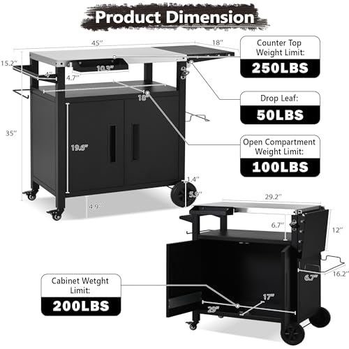 Merax Outdoor Grill Cart with Storage Cabinet, Outdoor Metal Kitchen Island on Wheels & Stainless Steel Top, Foldable Pizza Oven Table with Hooks & Spice Rack for BBQ Cooking, Grill Cover Included by Merax - Used condition - Image 2