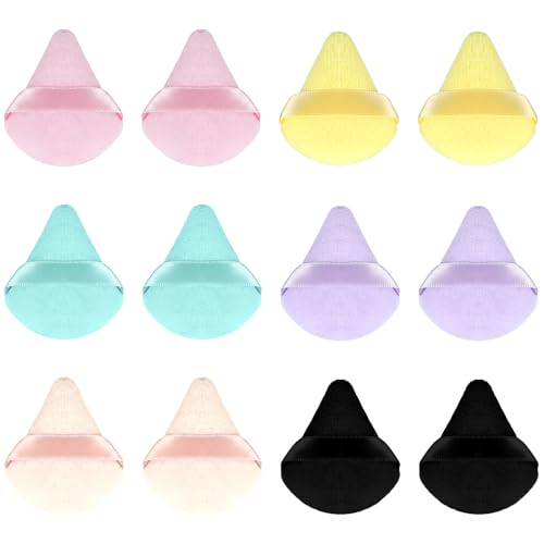 Grevosea 12 Pcs Makeup Puffs, Mini Triangle Powder Puff Reusable Finger Setting Powder Puff Small Makeup Sponge Beauty Blender for Women Face Powder Foundation Cosmetic (6 Colors)