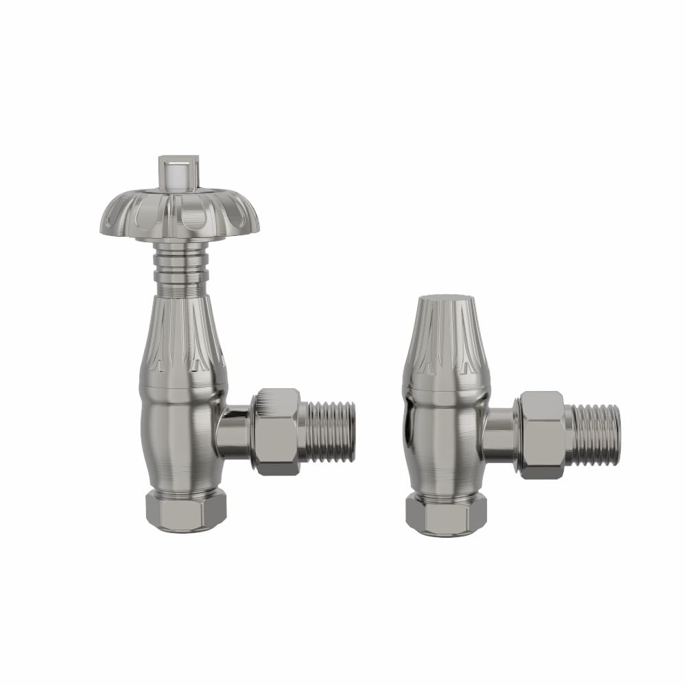 Nrg Satin Nickel Traditional Antique Angled Central Heating Radiator Valve 15Mm Thermostatic Lockshield Valves