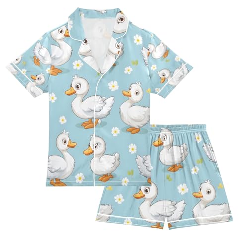 senya Geese Cartoon Daisy Satin Summer Pajama Sets Silk Short Sleeve Button Down Sleepwear