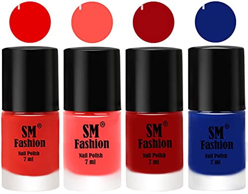 Image of Nail Polish Combo Set (Pack of 4) Quick Dry Gel Finish Nail Paint | Fire Orange,Baby Pink,Light Red,Blue | 7 ml Each