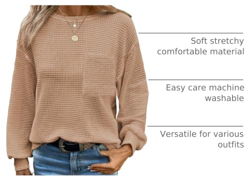 Image of Dokotoo Womens Waffle Knit Tops 2026 Oversized Long Sleeve Crewneck Shirts Business Casual Blouses Basic Shirts