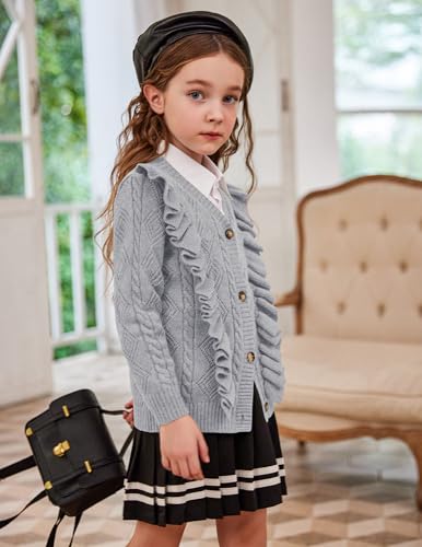 Image of Arshiner Girls Cardigan Sweaters Ruffle School Uniform Sweater V Neck Button Front Outerwear 4-13 Years