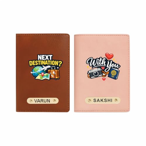 Image of Customized Couple Printed Passport Cover Gift Set 2 Pcs | Personalised Leather Travel Gift for Husband Wife, Boyfriend Girlfriend | Customised Valentine's Day Gift Set (Design 6)