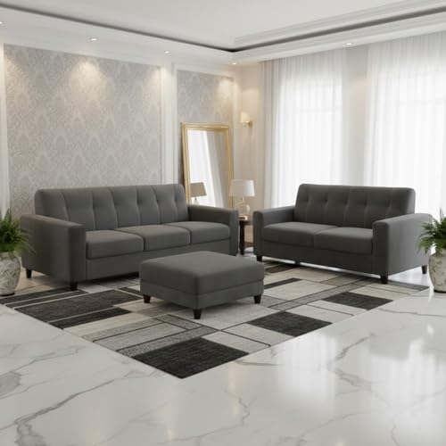 Image of Homeboy Luxe Velvet-Suede Fabric 3 + 2 Seater with Ottoman Sofa Set | Comfortable & Spacious Seating for Upto 6 Person | Modern Sofa Set for Living Room - Dark Grey