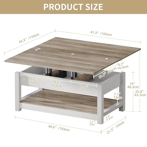 DWVO Lift Top Coffee Tables for Living Room, 3 in 1 Multi-Function Farmhouse Coffee Table with Storage, Wood Coffee Table Center Table with Hidden Compartment, Grey Wash