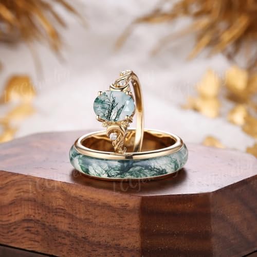 Customized Moss Agate Couple Rings - 925 Sterling Silver Moss Agate Engagement & Promise Rings - Green Couple Rings Set - Anniversary & Wedding Gifts4