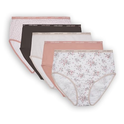 Laura Ashley Women's Cotton Brief Underwear Set, High-Waisted Panties for Women, 5-Pack (US, Alpha, Large, Regular, Regular, Dahlia Ditsy/Rosewood/Dahlia Stripe/Smoky Taupe/Rose Fern Leaf)