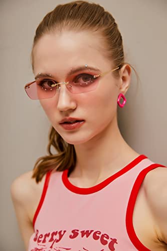 Image of FEISEDY Rimless Sunglasses Y2K Retro Small Narrow Clear Eyewear Vintage Rectangle Sunglasses for Women Men B2643