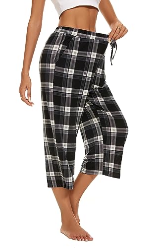 Image of Kabento 2 Pack Womens Pajama Pants Capri Sleep Lounge Pants Drawstring Pj Bottoms with Pockets