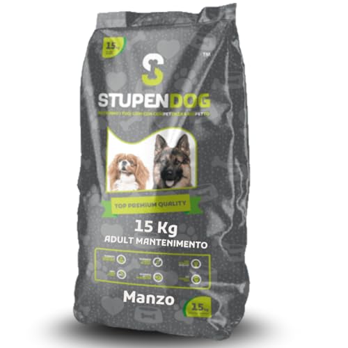 STUPENDOG Crocchette Cani Manzo 15kg per Cani Adulti Taglia Medio/grande in Mantenimento - Croccantini cane con Maiale - Cibo per cani