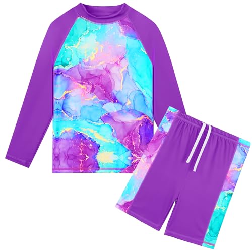 Image of TFJH E Girls Long Sleeve Two Piece Rash Guard Set UPF 50+ 3-13 Y | Stretchy & quick-dry fabric, breathable & lightweight, UPF 50+ sun protection, ideal for pool beach vacation