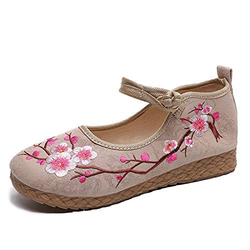 Plum Embroidered Women Casual Cotton Fabric Ballet Flats Handmade Ladies Comfort Canvas Platform Shoes Embroidered Shoes (Color : Beige Size : 7.5)2
