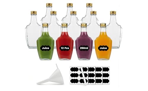 Amajoy 12 botellas de cristal vacías de 250 ml con tapón de rosca, botellas de vino para licor, vinagre o aceite para rellenar