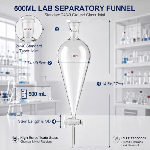Image of Tellegloww 500 ml Heavy Wall Conical Separatory Funnel Borosilicate Glass