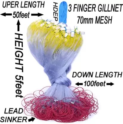 Image of PURKAIT Fishnet 3 Finger 70mm GILLNET Lead Sinker, Height 5F, UP Lenght 50F, Down Lenght 100F Fishing Net