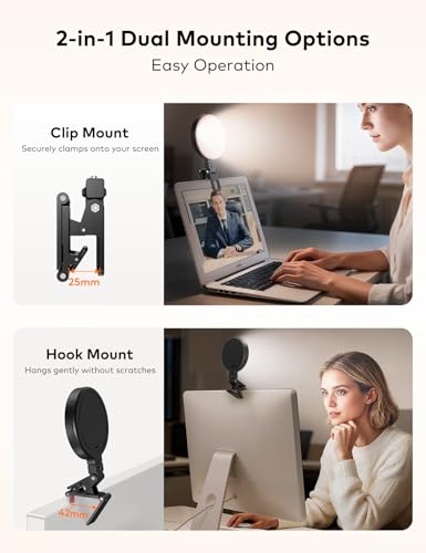 4 Zoll Ringlicht Monitor für Videotelefonie, Handylicht mit USB-aufladbar, Upgrade-Clip für 2 Montagearten – Schminklicht & Selfie-Licht für Laptop, Monitor, Handy, perfekt für Zoom, TikTok, YouTube