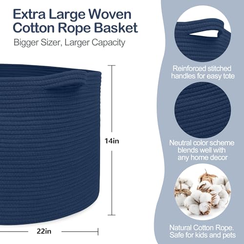 Image of MEGASKET Dark Blue Basket for Organizing, 22 inch x 14 inch Extra Large Woven Cotton Rope Laundry Basket, Blanket Storage for Living Room Bedroom, Big Nursery Kids Toy Box Organizer, Pool Towel Storage Bin