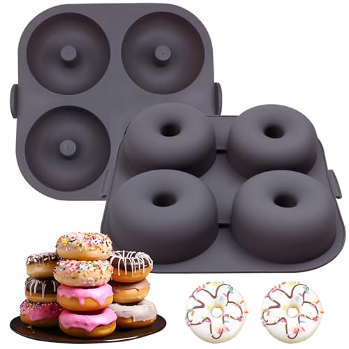 Silicone Donut Molds for Air Fryer, Set of 1, 4-Cavity Non-Stick Doughnut Pans with Carrying Handle, Doughnut Bagel Baking Tin for Muffins Cake, Dishwasher Safe, Grey