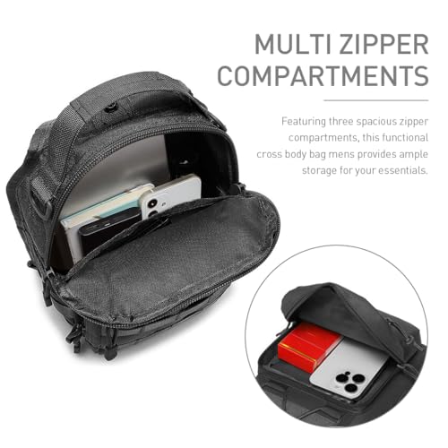 Image of GUSTAVE Sling Bag for Men - Durable Oxford Cloth, 3 Zipper Compartments, Quick Release Shoulder Strap, Multi D-Ring Attachments, Versatile for Hiking, Riding, Commuting, Black
