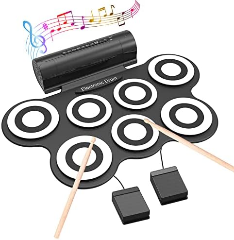 7 Pads Electronic Drum Set, Electric Drum Pad Roll-Up Drum Practice Pad Drum Kit Built-in Speaker with Drum Pedals Drum Sticks 10 Hours Playtime, Great Holiday Birthday Gift for Kids-White