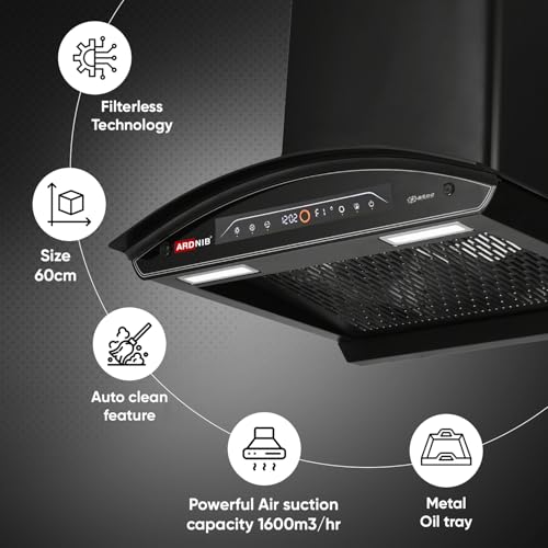 Image of 1600 m /hr Wall Mounted BLDC Auto Clean Kitchen Chimney (NOVA PLUS Filterless BK 60, BLDC Motor, Touch Control + Motion Sensor, 7 Years Motor Warranty) (Filterless)