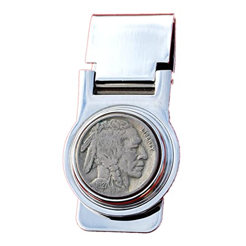 US 1927 Indian Head Buffalo Nickel 5 Cent Coin Hinged Money Clip NEW - Silver Coin Bezel