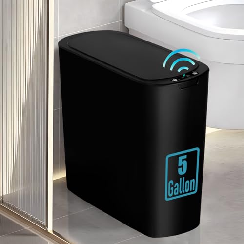 tipgo 5 gallon motion senor bathroom trash can with lid automatic garbage can touchless smart plastic waste basket for narrow spaces bathroom office bedroom living room black