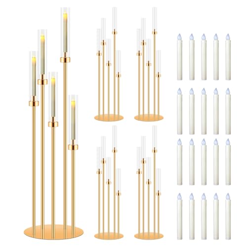 Mjkeomo - Juego de 4 portavelas dorados de 5 brazos con velas, centros de mesa de 41.3 pulgadas de alto para mesas, candelabros dorados para regalo de inauguración de la casa, chimenea, cena
