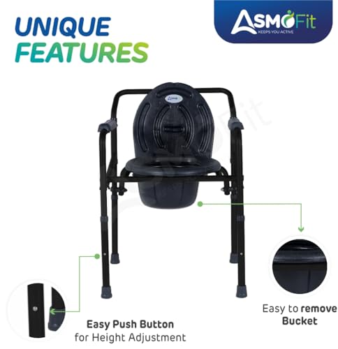 Image of Foldable Commode Chair Height Adjustable Use in Room or Over Toilet, Potty Chair with Armrests, Bedside Commode - Ideal for Adult, Pregnant Women, Elderly - Weight Capacity 100KG (Without Wheels - Black)