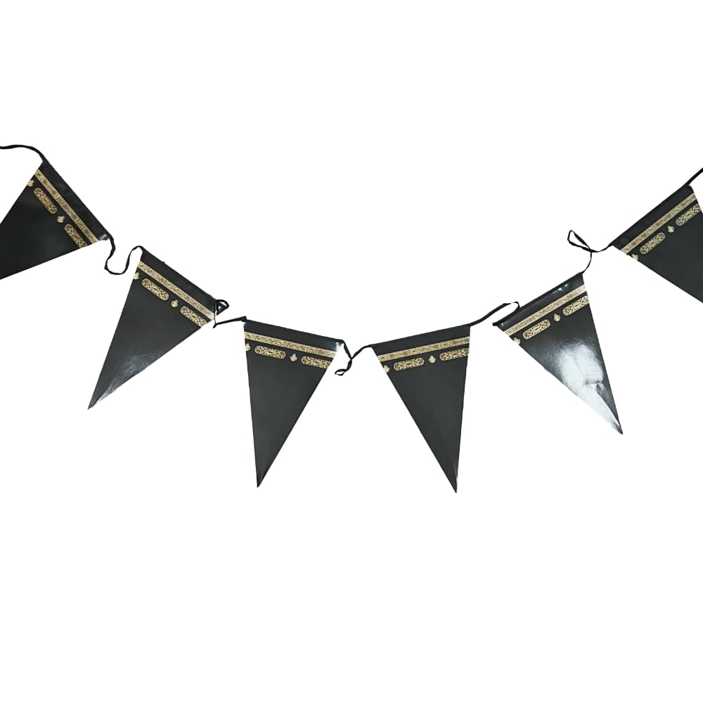 Umrah Mubarak Banner – Kabah-Inspired Triangle Bunting Decoration, 12 Flags with Gold Foil for Islamic Party, Eid & Ramadan