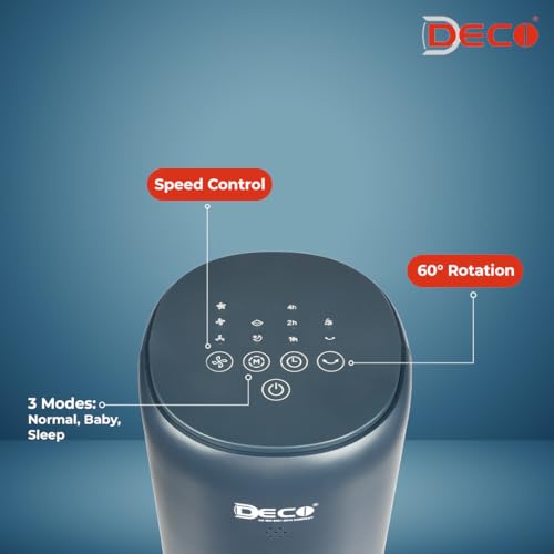 Image of DECO Zephyr Indoor Tower Fan with Touch Remote (Dark Blue, 40 W) | 3 Wind Modes, 3 Speed Settings | Internal Oscillation, Large