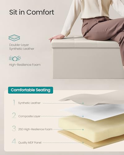 Image of SONGMICS Mazie Collection - 43 Inches Folding Storage Ottoman Bench, Ottoman with Storage, Foot Rest Stool, Load 660 lb, for Living Room, Synthetic Leather, Cream White ULSF70M