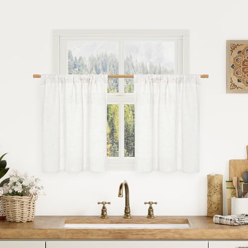 Image of LAMIT 24 Inch Length Ivory White Linen Curtains for Kitchen Cafe 2 Panels