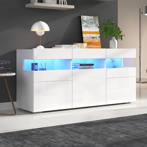Merax Sideboard Hochglanz Weiß mit LED, Moderne Kommode mit 3 Schranktüren, Offene Ablagefächer, Wohnzimmerschrank mit Transparentes Acryltüren, Buffetschrank Mehrzweckschrank für Esszimmer, 140cm