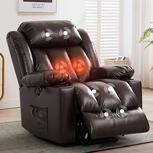 MAEVIS Large Lift Recliner Chair with Massage and Heating for Elderly and Adults,Breathable Leather Recliner Chairs for Living Room,2 Cup Holders (Brown)