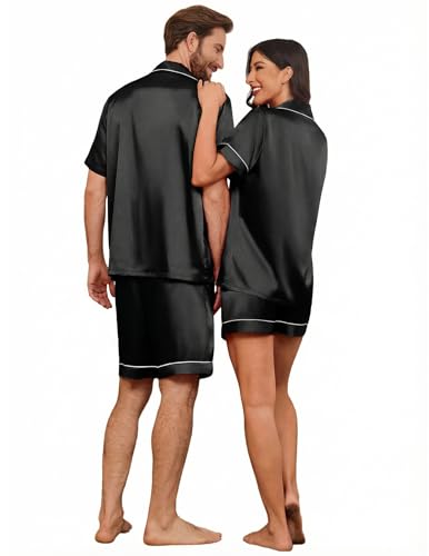 Image of Ekouaer Couple Matching Pajamas Sets Silk Short Sleeve Button Down Sleepwear Satin Pjs Shorts Set Soft Loungewear S-XXL