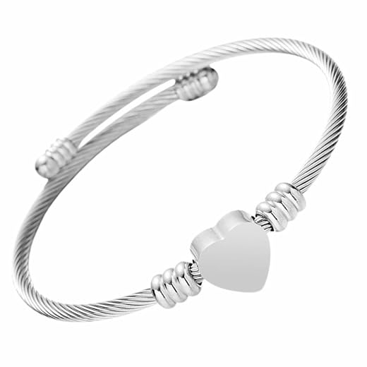 Pulseira Prateada Ajustável Estilo Coração em Aço Inox 316 Para Presente Bracelete Feminino Elegante e Moderno