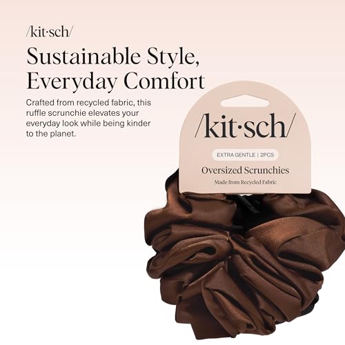 Image of Kitsch Recycled Satin Oversized Scrunchies - Large Hair Scrunchies for Women, Eco-Friendly Hair Ties & Ponytail Holders | Ideal Gifts for Women - Black & Chocolate, 2pcs
