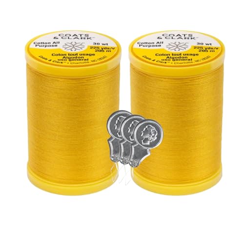 Coats & Clark Cotton All Purpose Sewing Thread 100% Mercerized Cotton 225 Yards Each Spool S970 2 Pack Bundle with 3 Bellas Crafts Needle Threaders (Spark Gold)