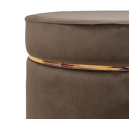 Image of Living Room Round Wooden Velvet Ottoman with Footrest and Linen Fabric Padded Seat Pouffe Ottoman with Round Shape and Office Stool- Brown