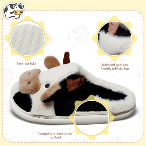 Zhanmai Fuzzy Cow Slippers Sock Gift Women Cartoon Animals Fluffy Plush Non Skid Winter Print House Shoes2