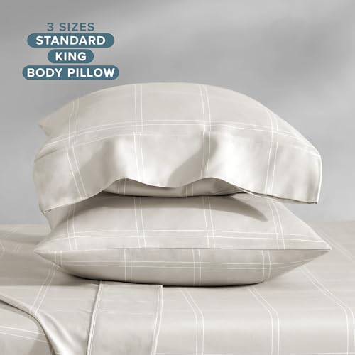Image of Bare Home Microfiber Pillow Cases - Standard /Queen Size Set of 2 - Cooling Pillowcases - Double Brushed - Pillowcases 2 Pack - Easy Care (Standard, Modern Plaid - Stone /White)