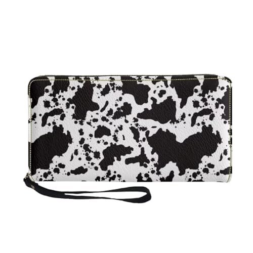 Cow Print Wristlet Wallet for Women Black Leather Zip Purse with Card Slots Phone Pocket