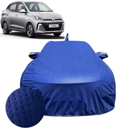 Image of Car Cover Compatible For Hyundai Aura (2020-2026) | 100% Waterproof Cover with Antenna & REFLECTIVE Mirror Pockets | Dustproof, Scratchproof, Heatproof Aura Car Cover |Soft Cotton Lining|BLUE