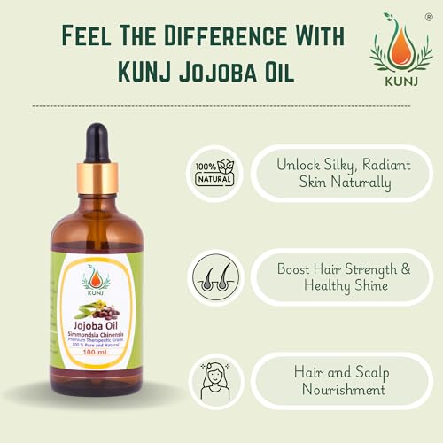 Image of KUNJ Jojoba Oil (Simmondsia chinensis) 100ML - 100% Pure & Natural, Cold Pressed, Undiluted - Therapeutic Grade Carrier Oil for Skin Care, Hair Nourishment & Hydration