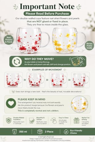 Image of KiKiluxxa 350ml Double Wall Glass Tea Coffee Mug Set of 2 | Glass Cups with Movable Decorative Flowers & Pearl Beads | Insulated Glass Mug for Tea, Coffee, Milk, Gift (Royal Lavender+Sky Bloom)