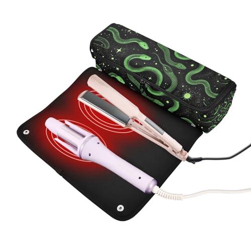 Bolsa de viaje y alfombrilla resistente al calor para herramientas de cabello, grande, para planchas, en diseño serpientes y estrellas verdes sobre fondo negro para mujeres miniatura 2